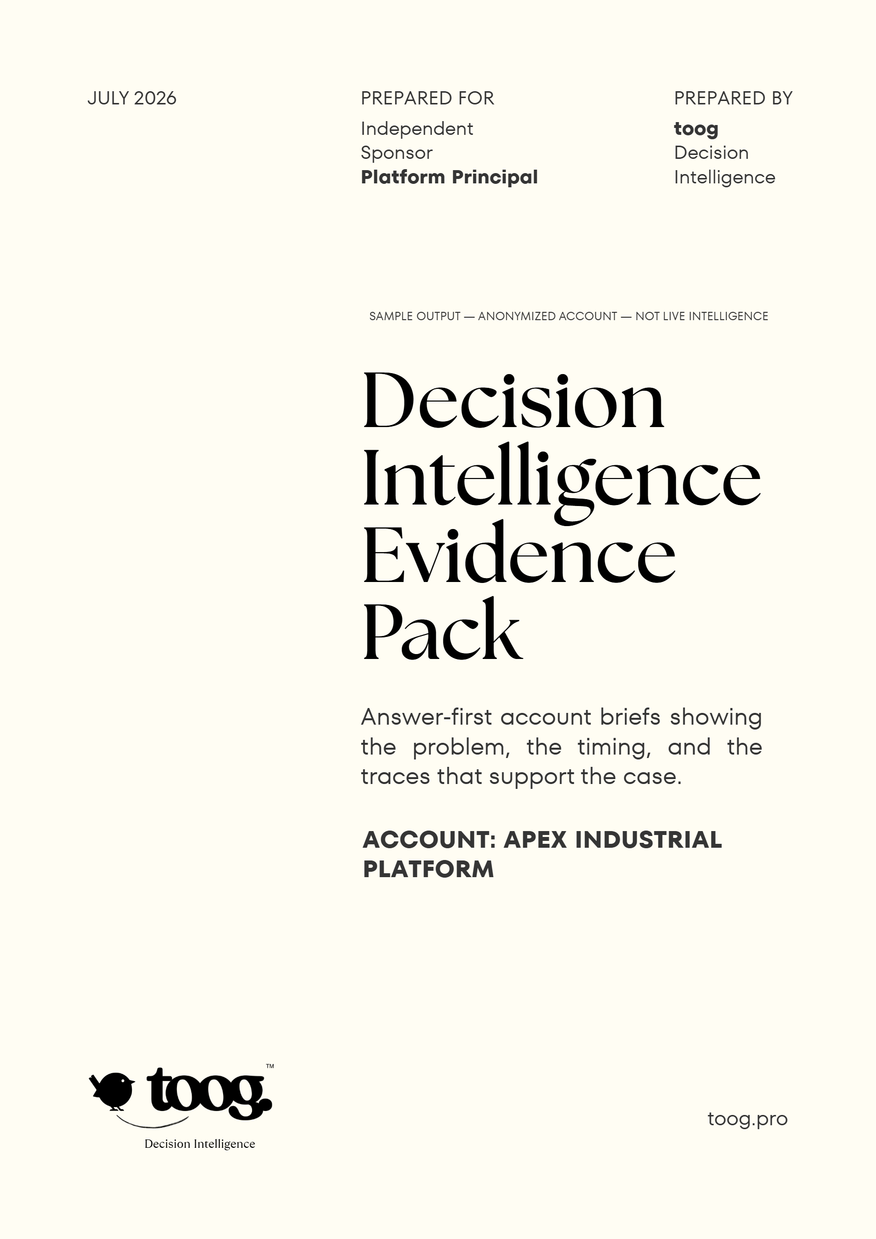 toog Decision Intelligence Evidence Pack cover, Apex Industrial Platform