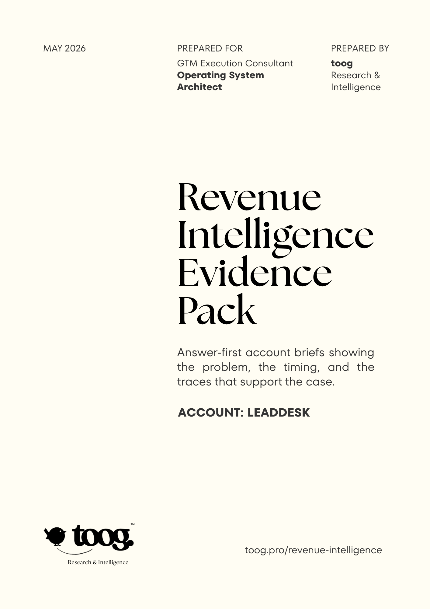 LeadDesk Evidence Pack cover, prepared for GTM Execution Consultant, Operating System Architect