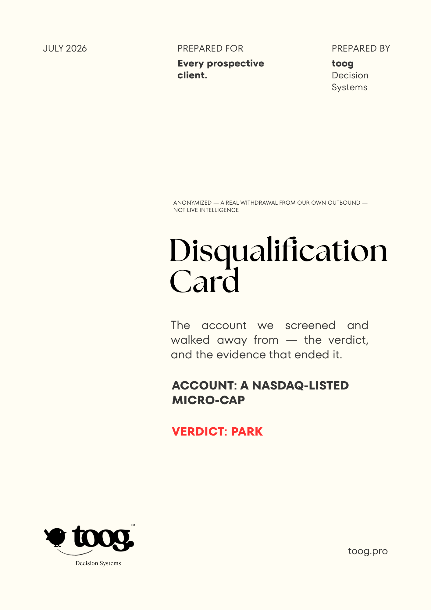 toog Disqualification Card cover, a Nasdaq-listed micro-cap, verdict PARK